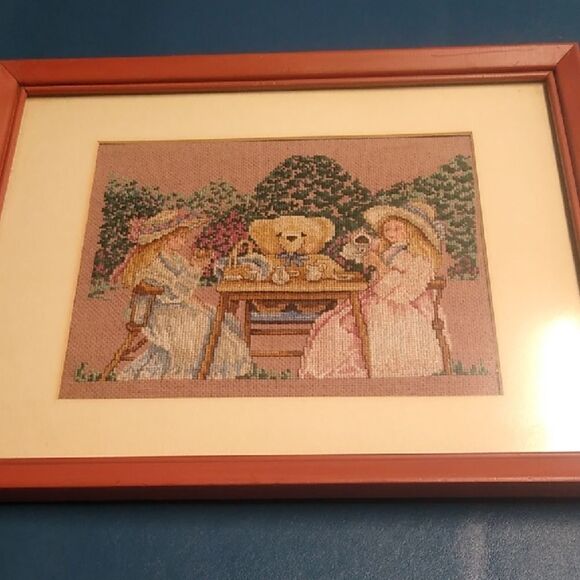 Framed Cross-Stitch Art with Brown Frame - Picture 1 of 4
